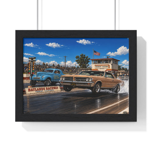 Drag Race Vintage Poster — Horizontal Framed Poster | Baylands Raceway Classic Cars Print